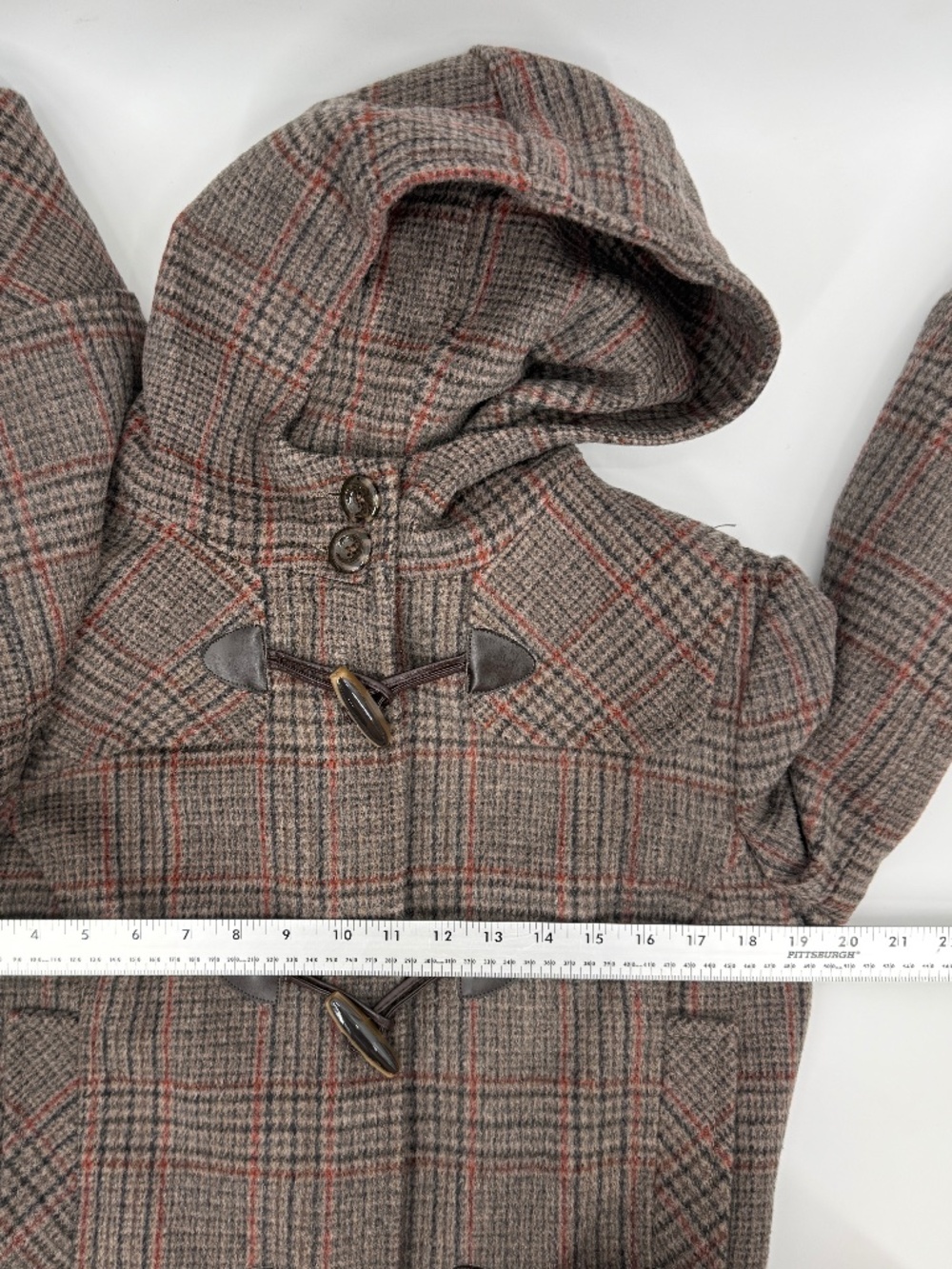 Wool Cashmere Blend Hooded Plaid Duffle Coat Brown Preppy Plaid Heritage Women M - Picture 4 of 9